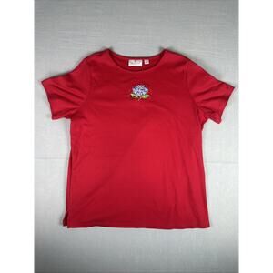 Quacker Factory Embroidered Lady Bug & Flowers Short Sleeve Shirt Size Large